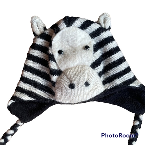 Wool Zebra Cozy Hat with Braids - Picture 2 of 7